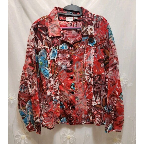 Chicos Women 3 Red Shaket Button Sheer Burnout Floral Long Sleeve Abstract Artsy - Picture 1 of 12